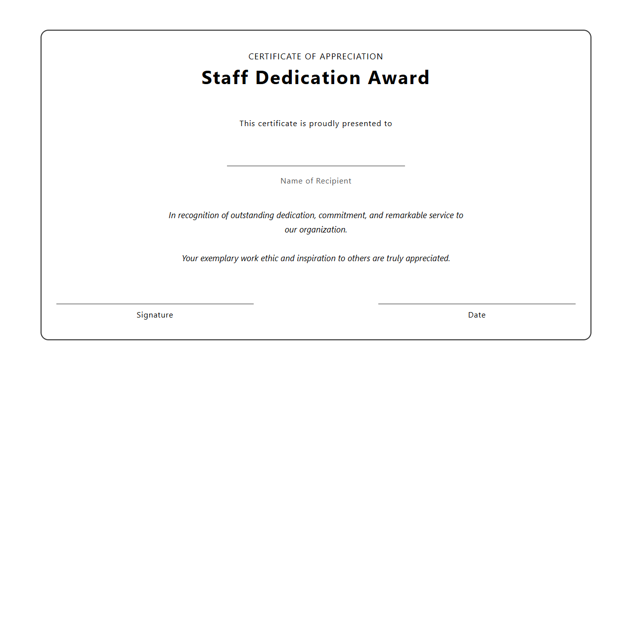 Blank Staff Dedication Award Certificate Template
