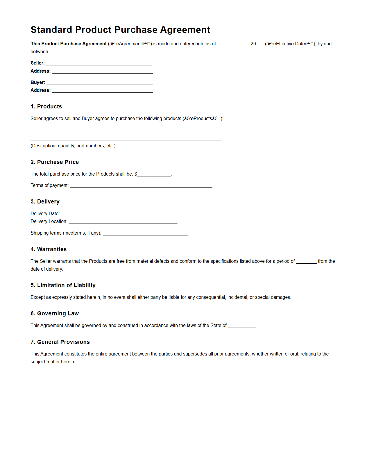 Blank Standard Product Purchase Agreement