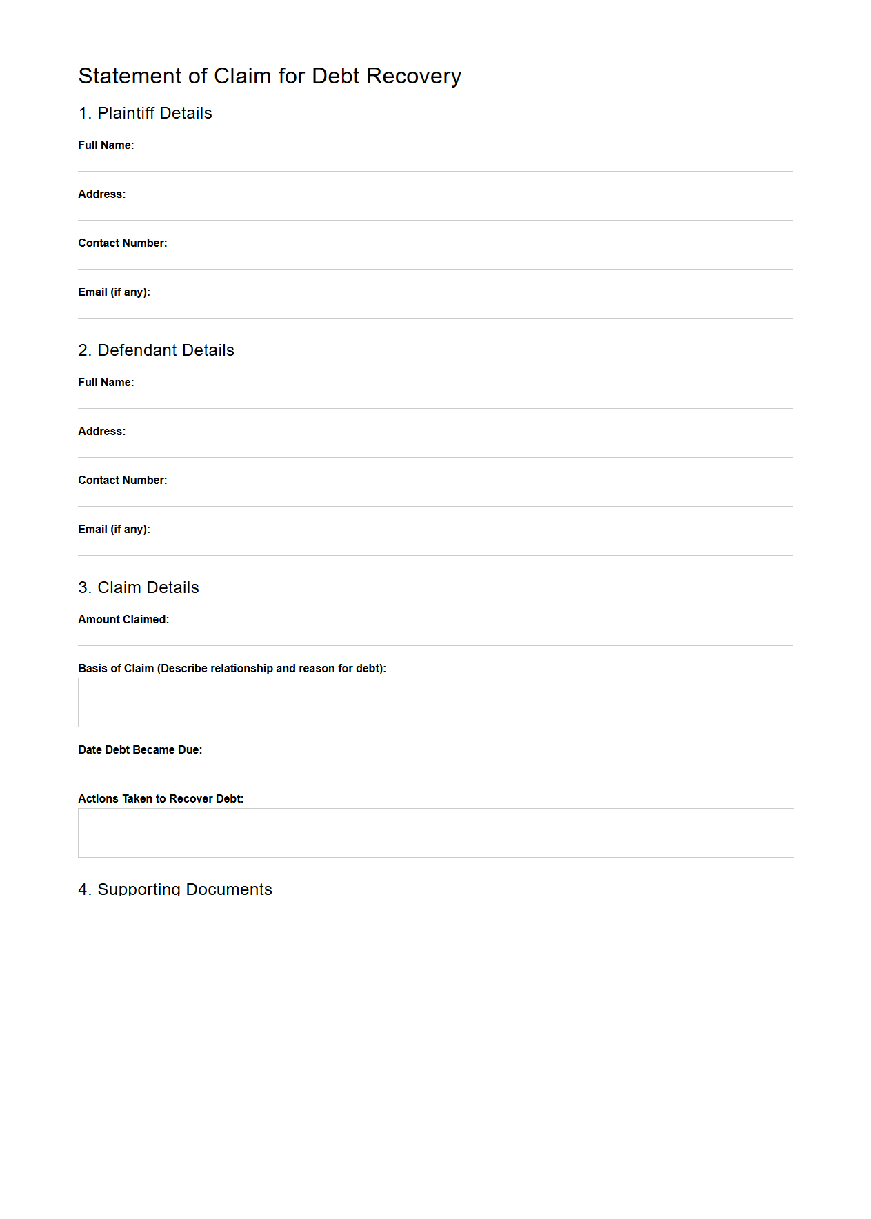 Blank Statement of Claim for Debt Recovery
