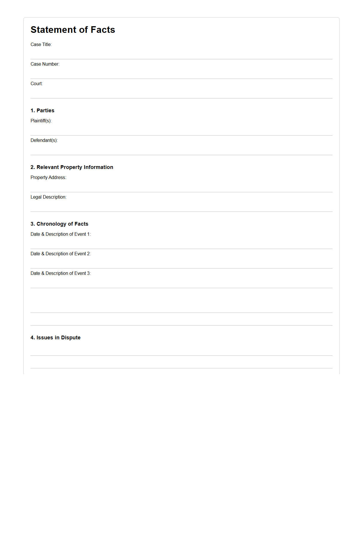 Blank Statement of Facts Draft for Real Estate Litigation