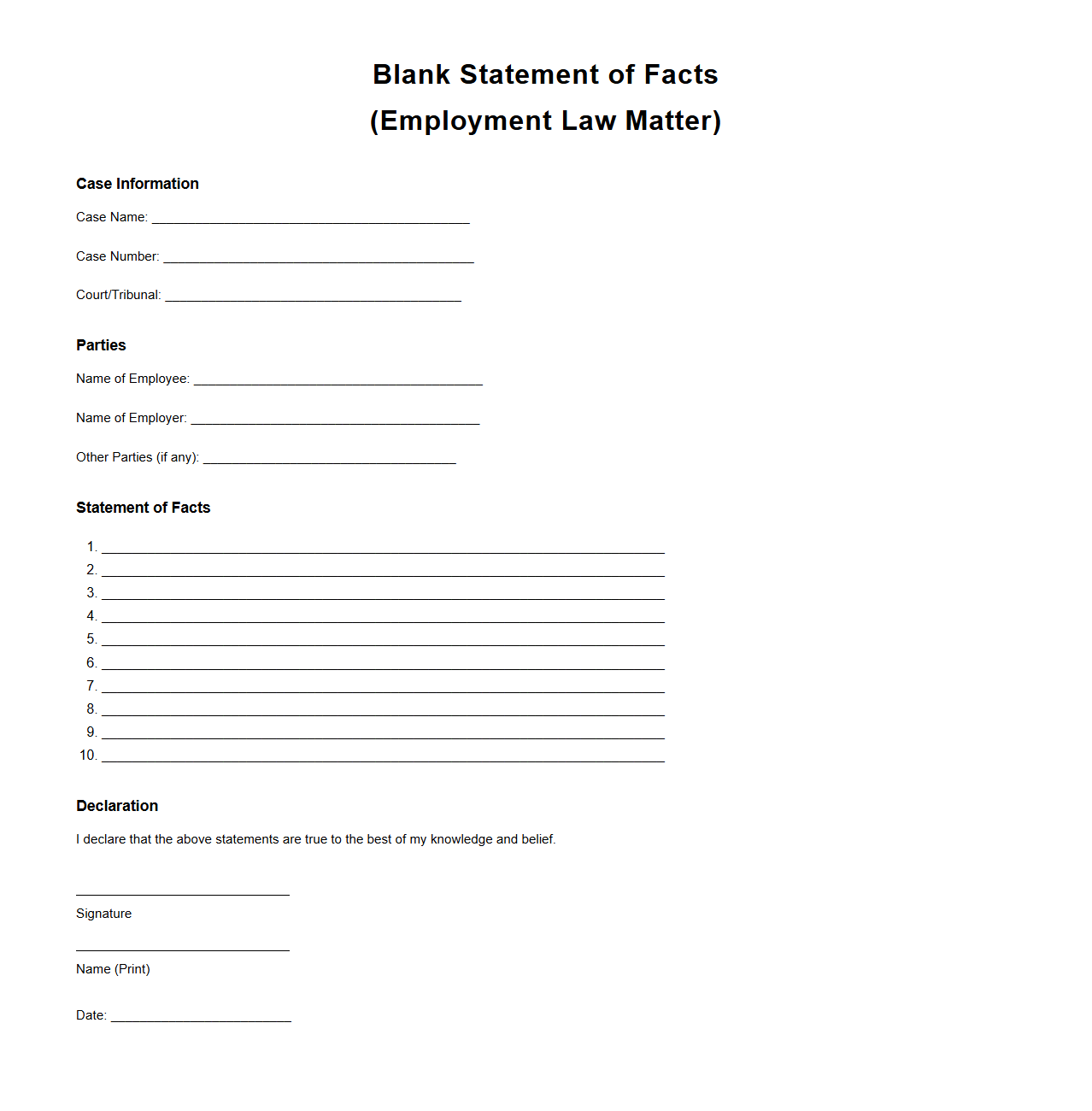 Blank Statement of Facts Example for Employment Law Matters