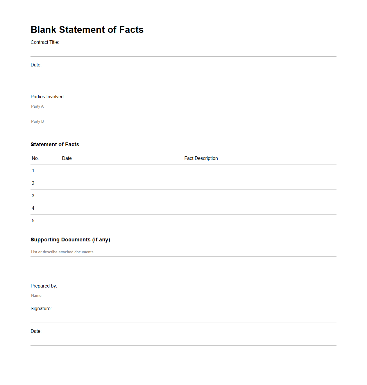 Blank Statement of Facts Page for Contract Disputes