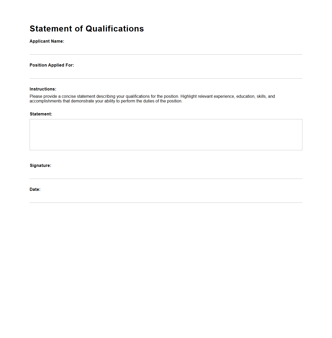 Blank Statement of Qualifications Sample for Job Applicants