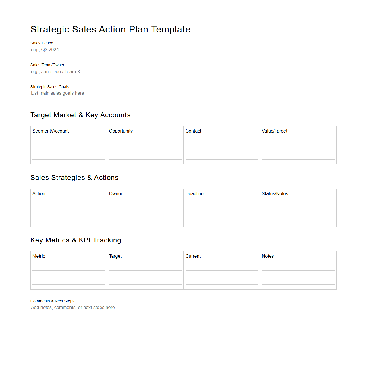 Blank Strategic Sales Action Plan Template