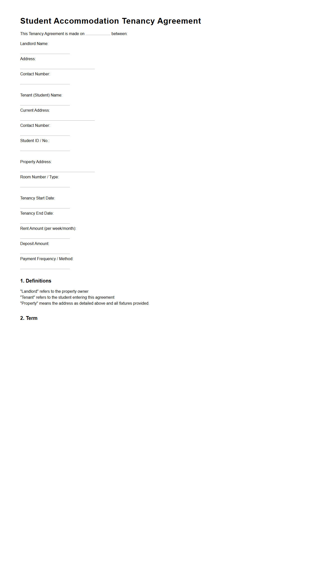 Blank Student Accommodation Tenancy Agreement Template