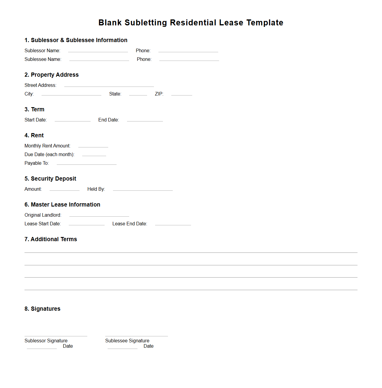 Blank Subletting Residential Lease Template
