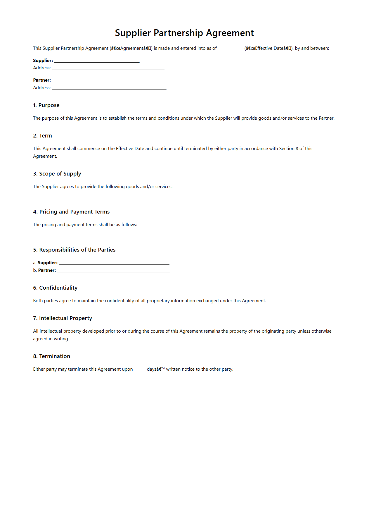Blank Supplier Partnership Agreement