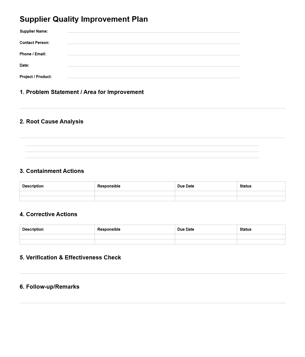 Blank Supplier Quality Improvement Plan Template