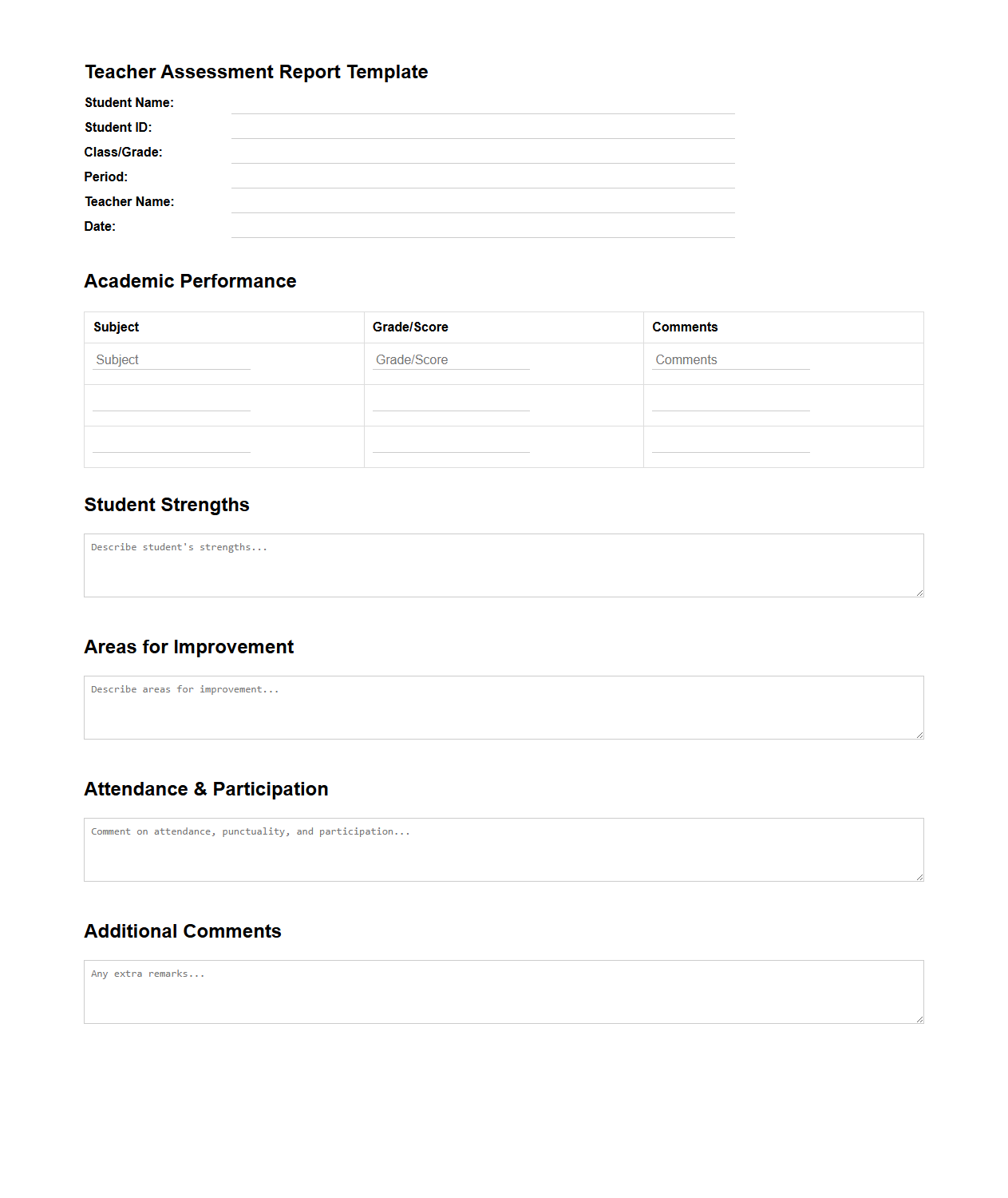 Blank Teacher Assessment Report Template for Student Progress