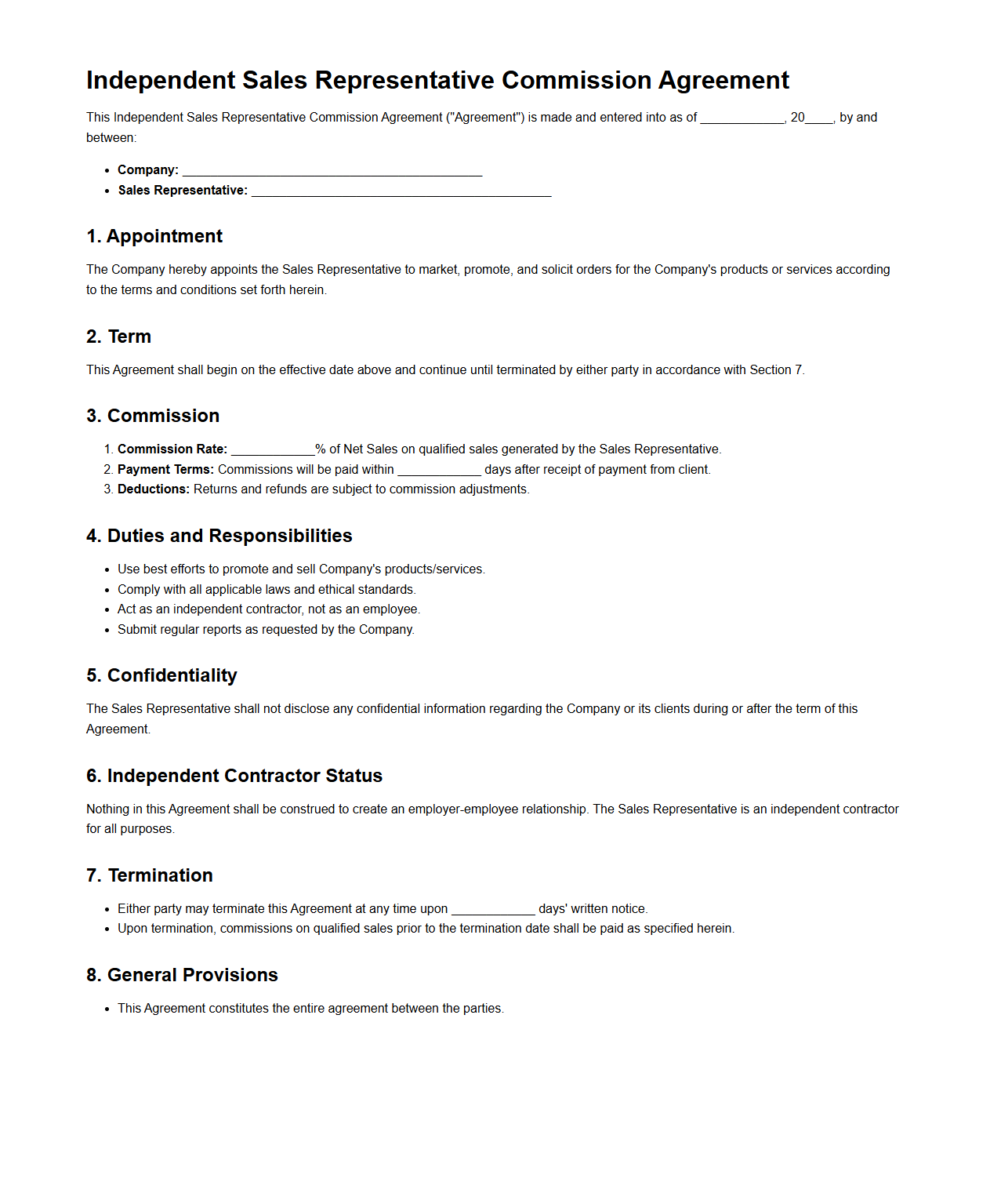 Blank Template for Independent Sales Rep Commission Agreement