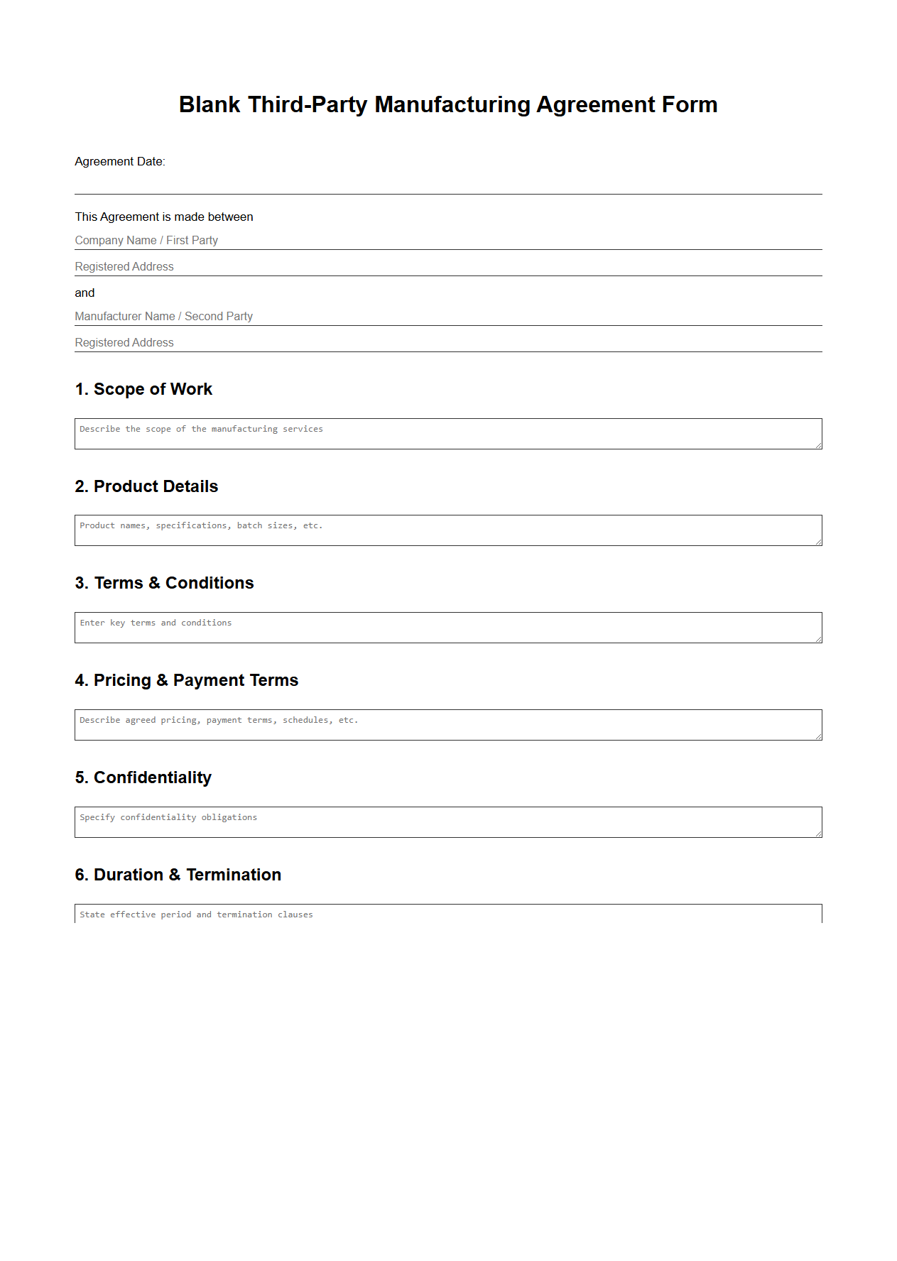 Blank Third-Party Manufacturing Agreement Form