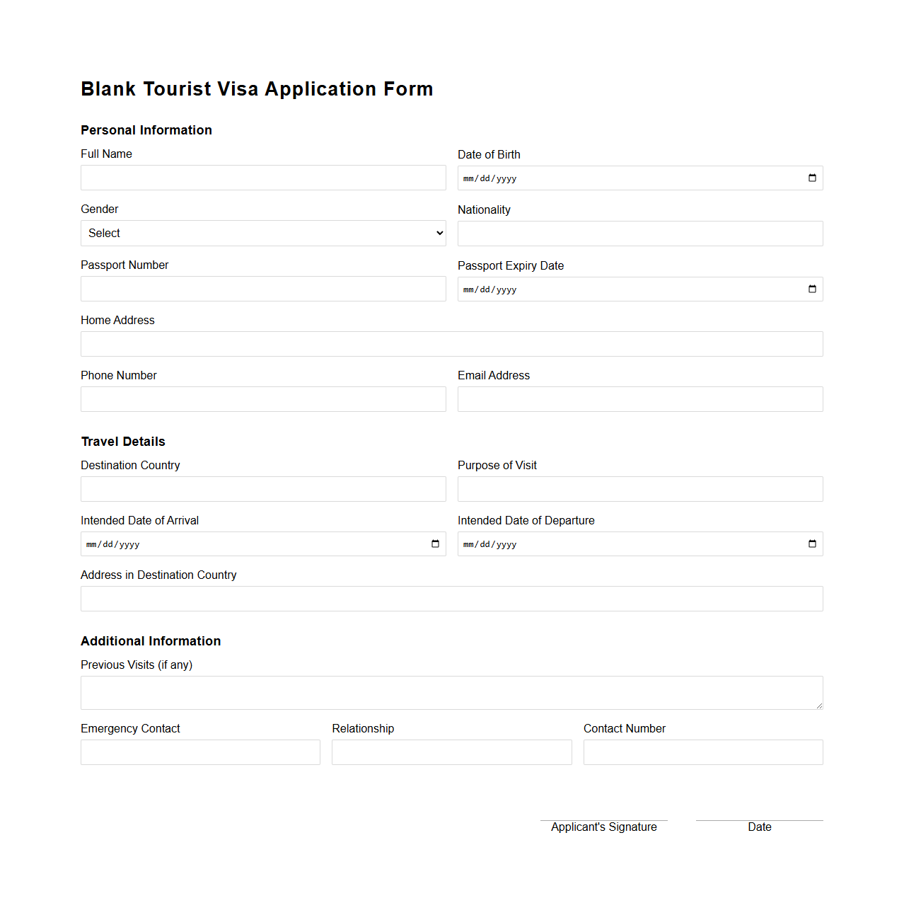 Blank Tourist Visa Application Form Template