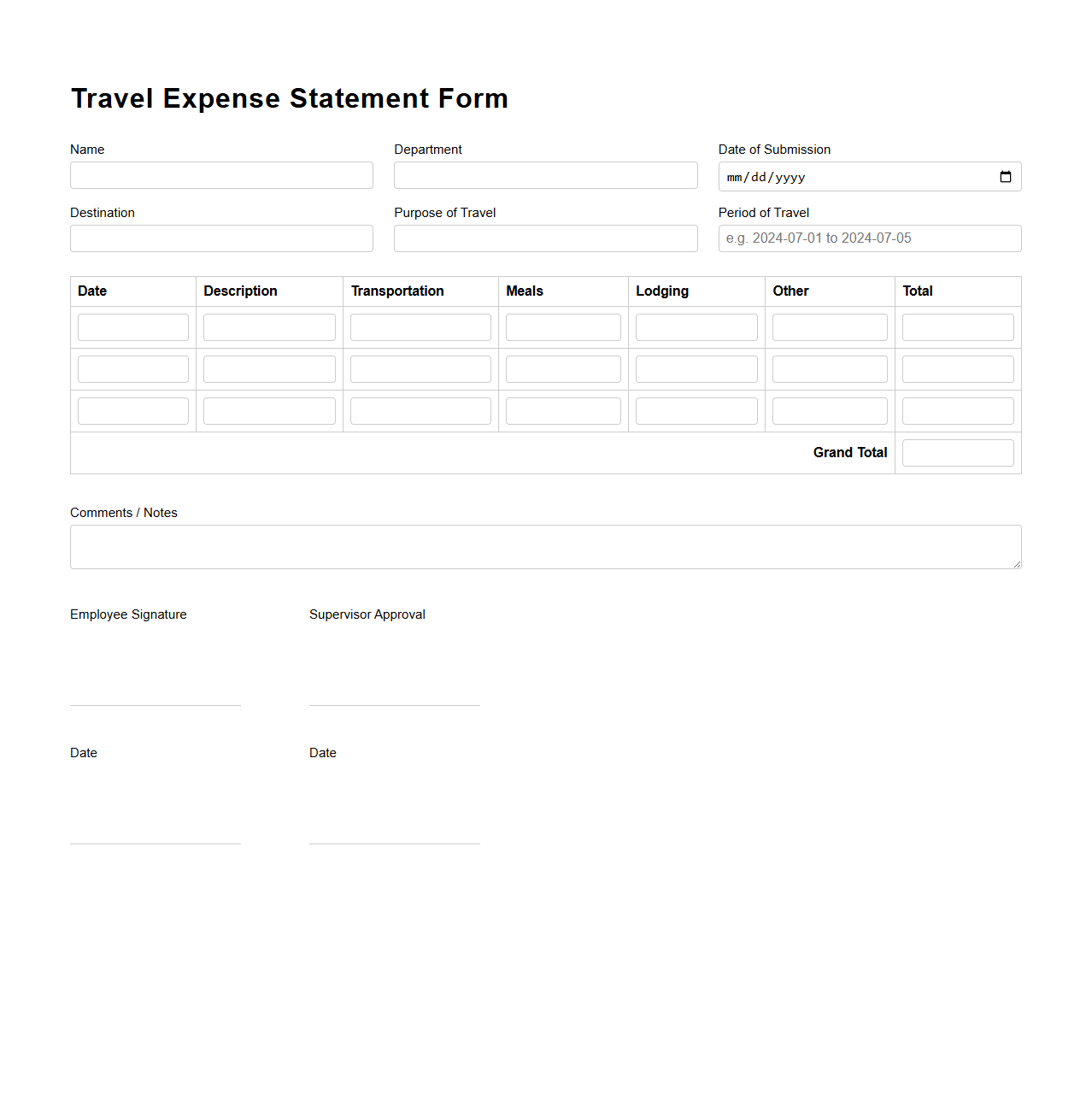 Blank Travel Expense Statement Form