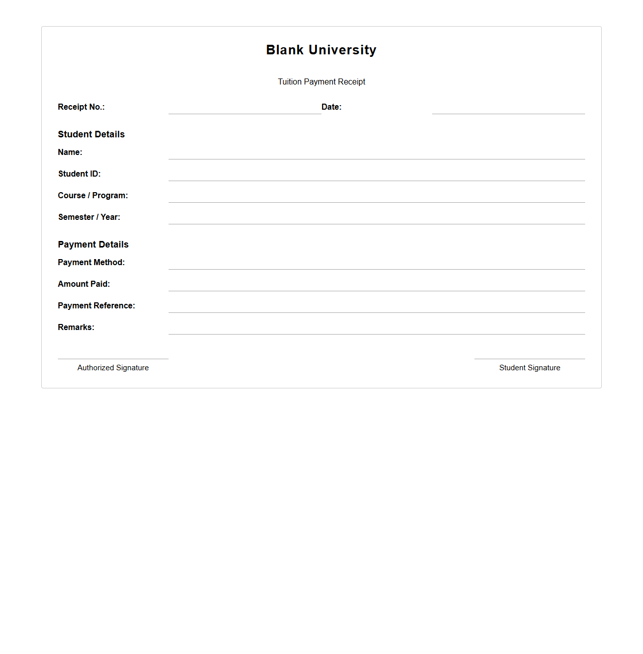 Blank University Tuition Receipt Format
