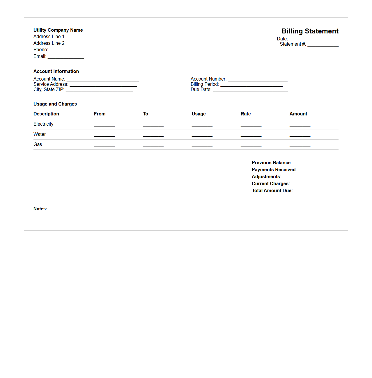 Blank Utility Billing Statement Template