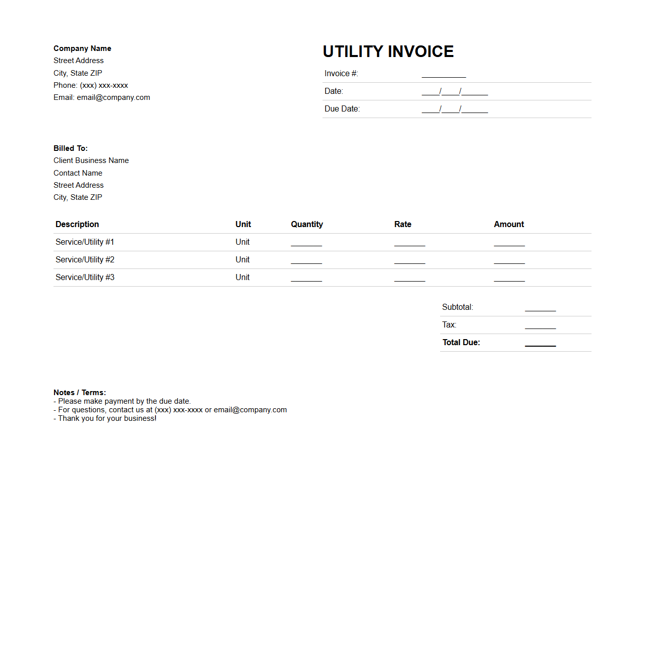Blank Utility Invoice Template for Small Businesses