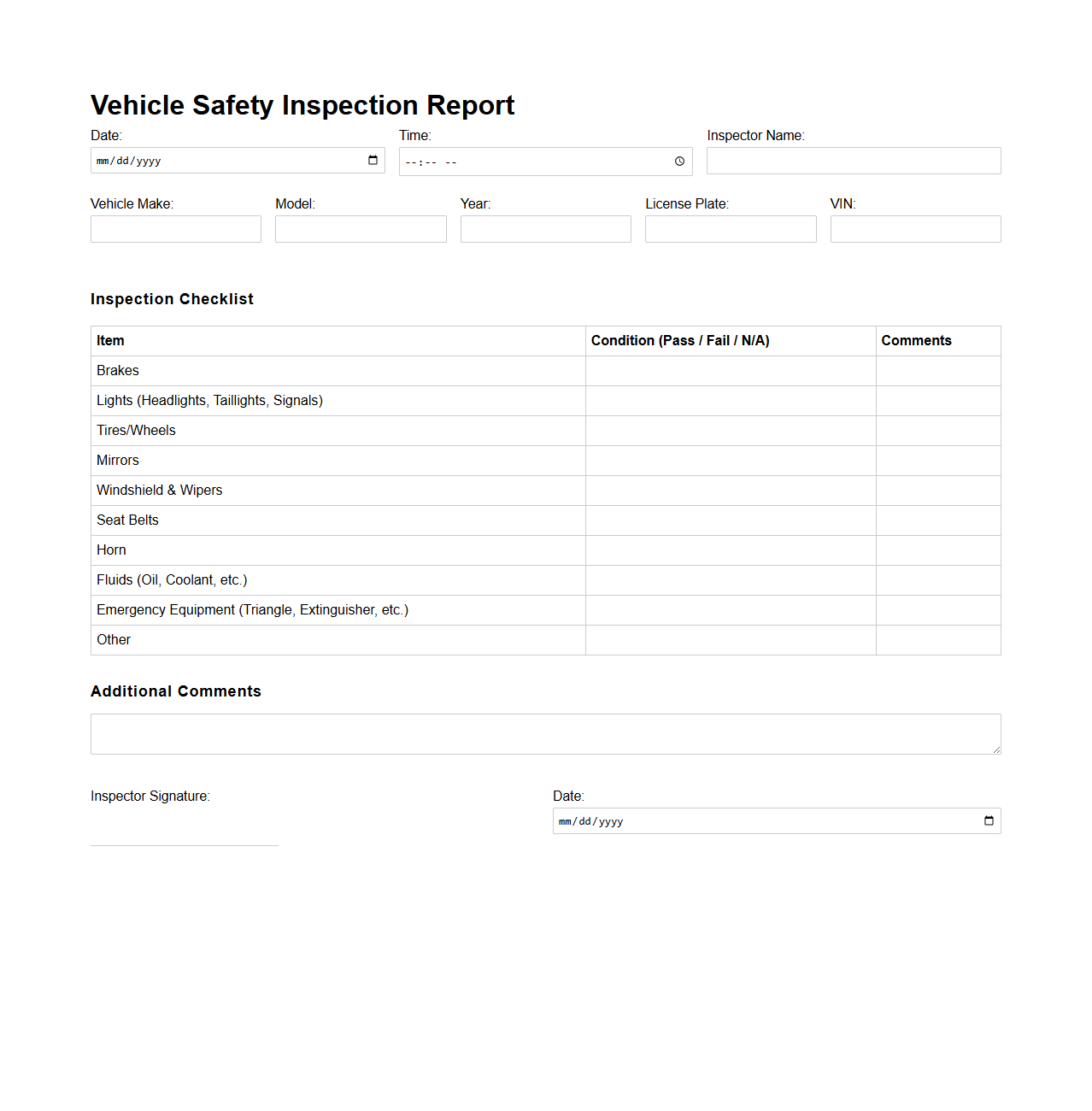 Blank Vehicle Safety Inspection Report Template