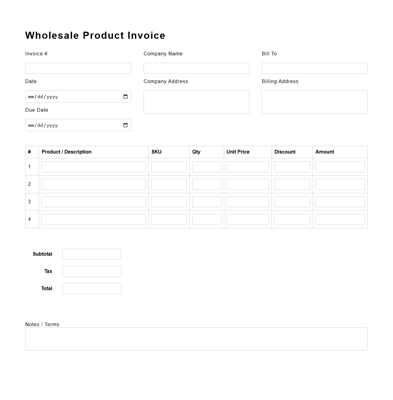 Blank Wholesale Product Invoice Form