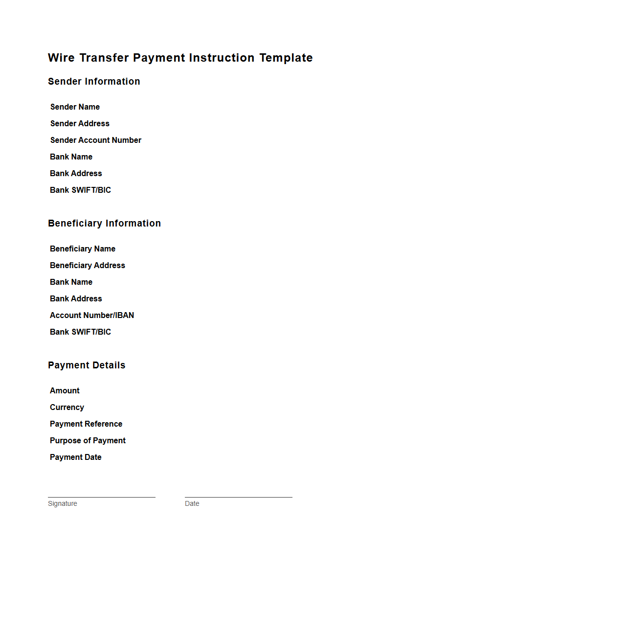 Blank Wire Transfer Payment Instruction Template