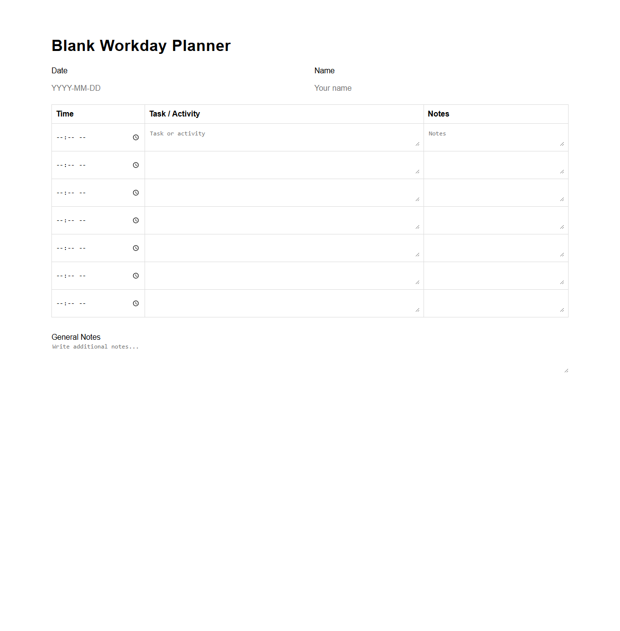 Blank Workday Planner Template