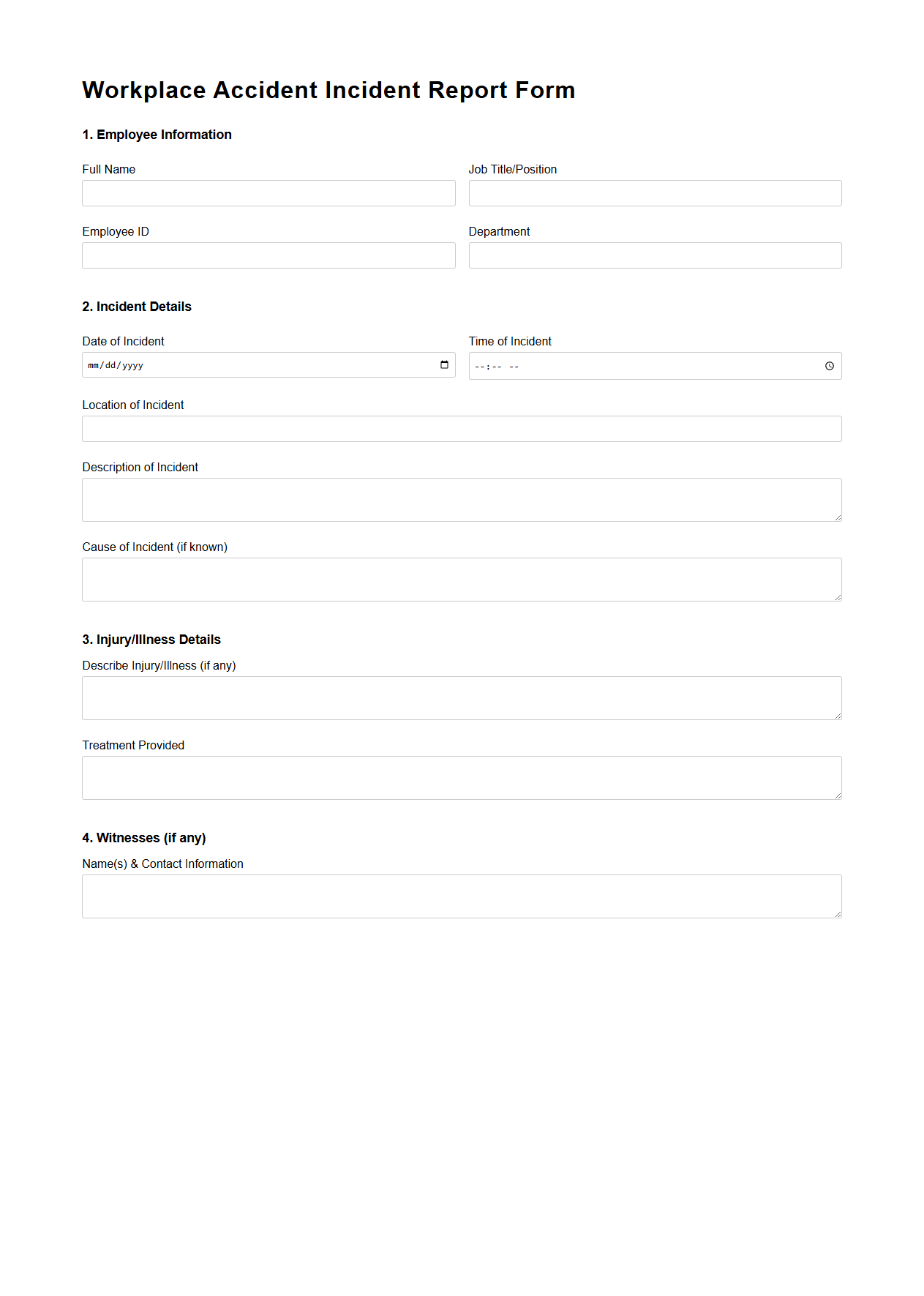 Blank Workplace Accident Incident Report Form