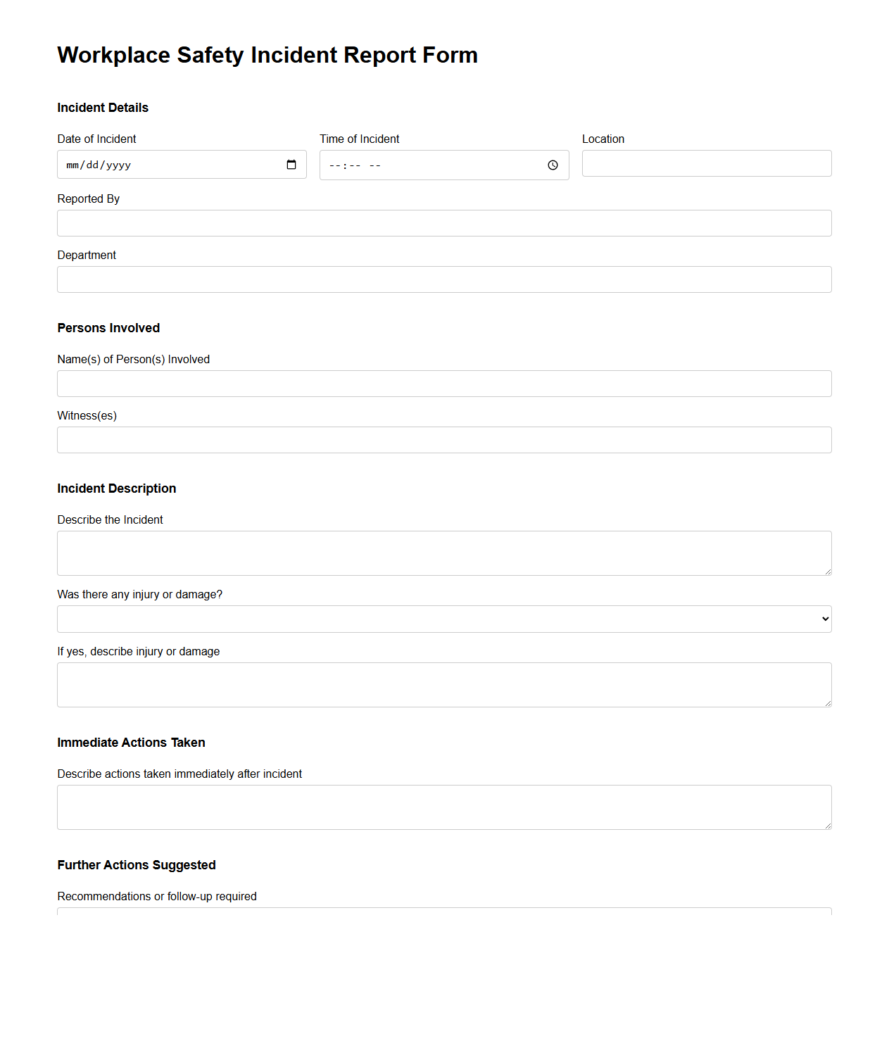Blank Workplace Safety Incident Report Form