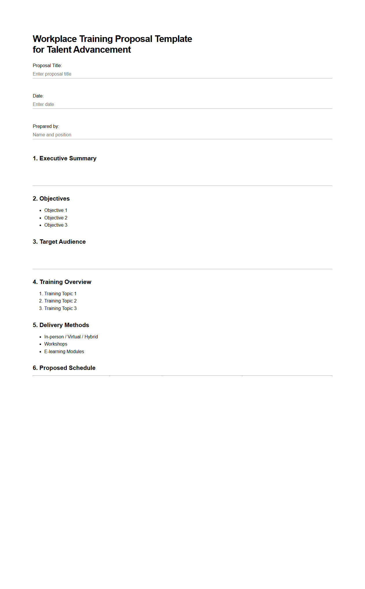 Blank Workplace Training Proposal Template for Talent Advancement
