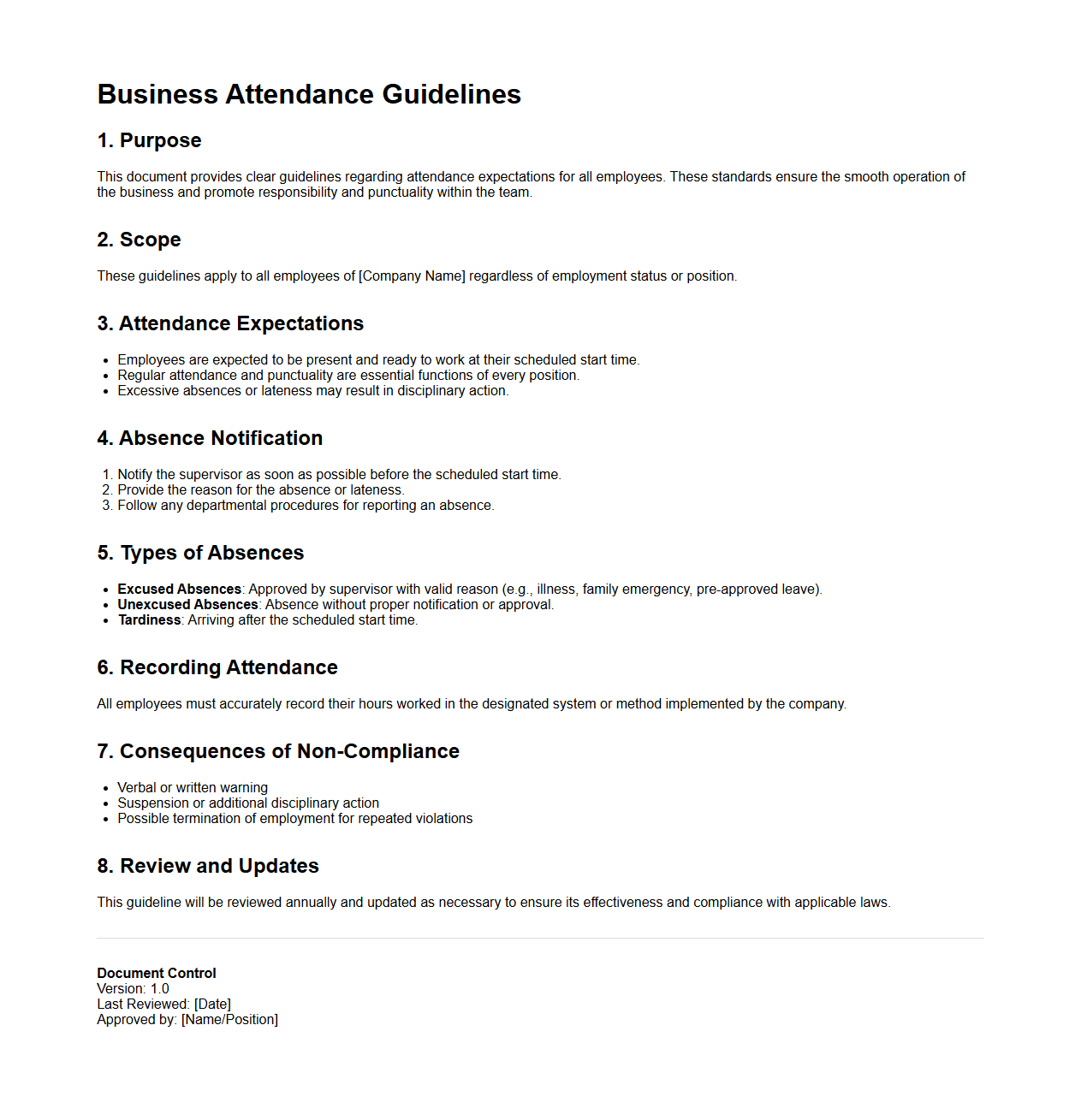 Business Attendance Guidelines Template
