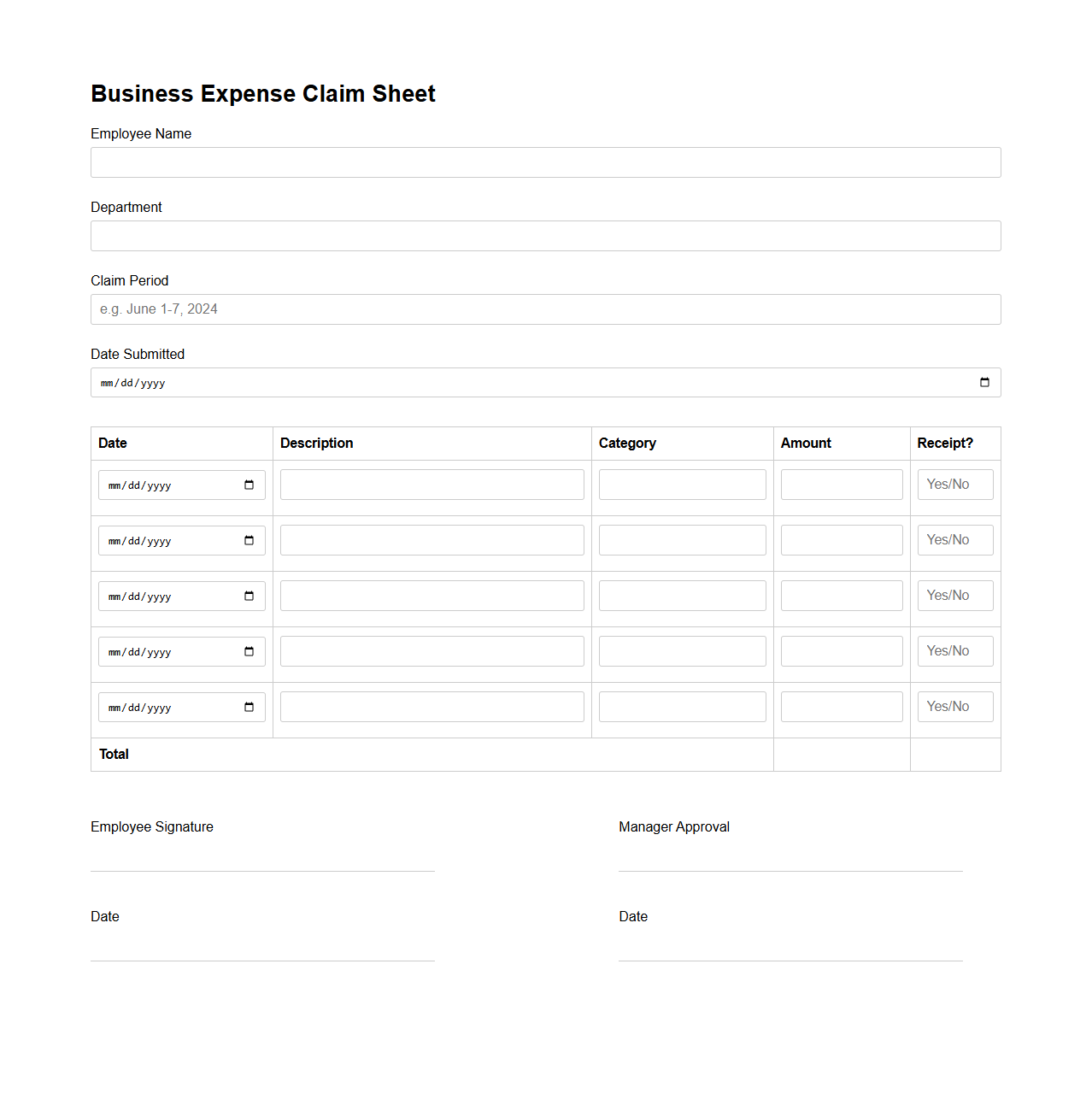 Business Expense Claim Sheet for Employees