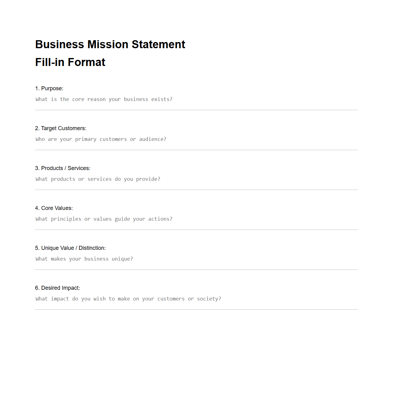 Business Mission Statement Fill-in Format
