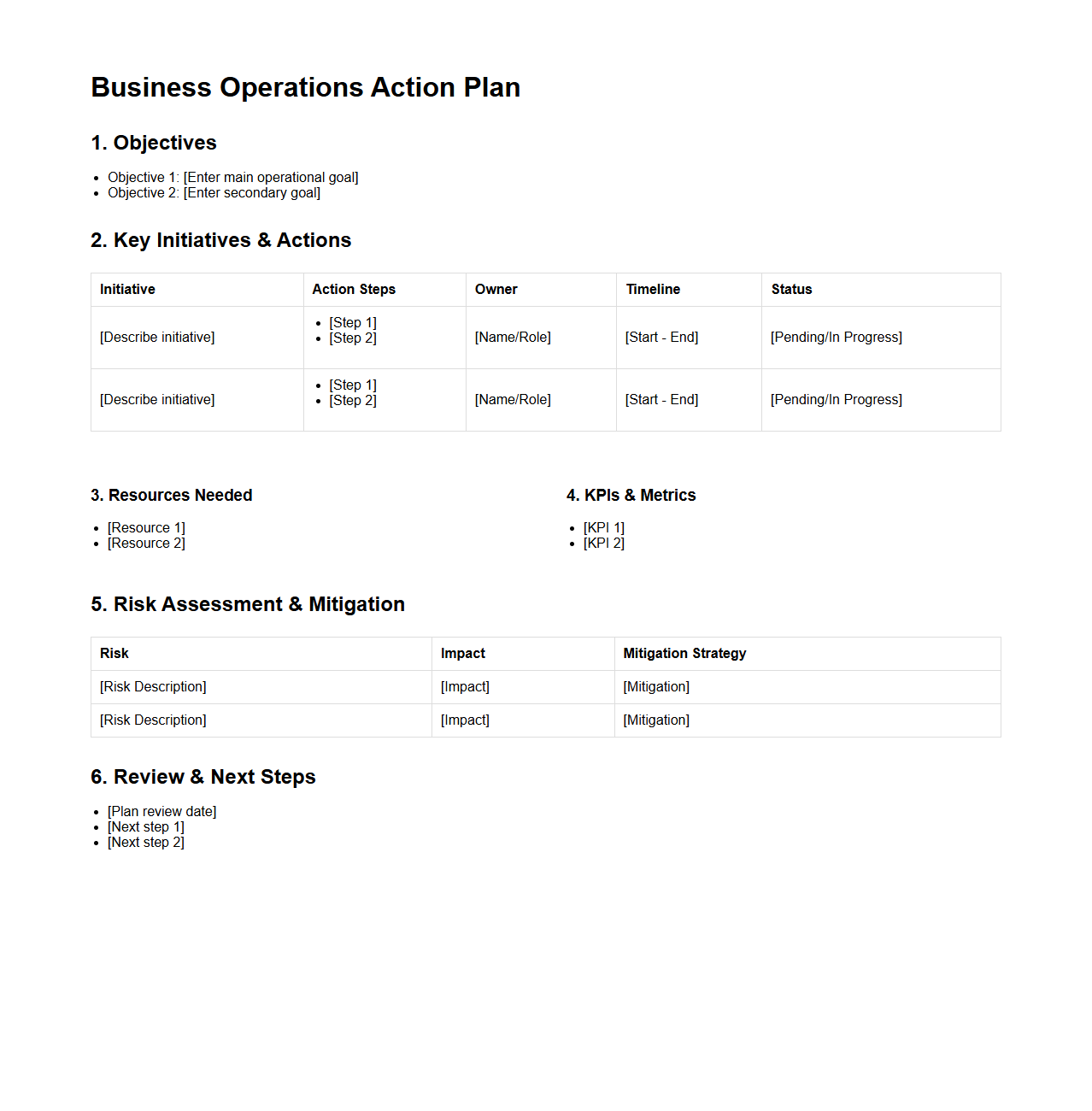 Business Operations Action Plan Structure