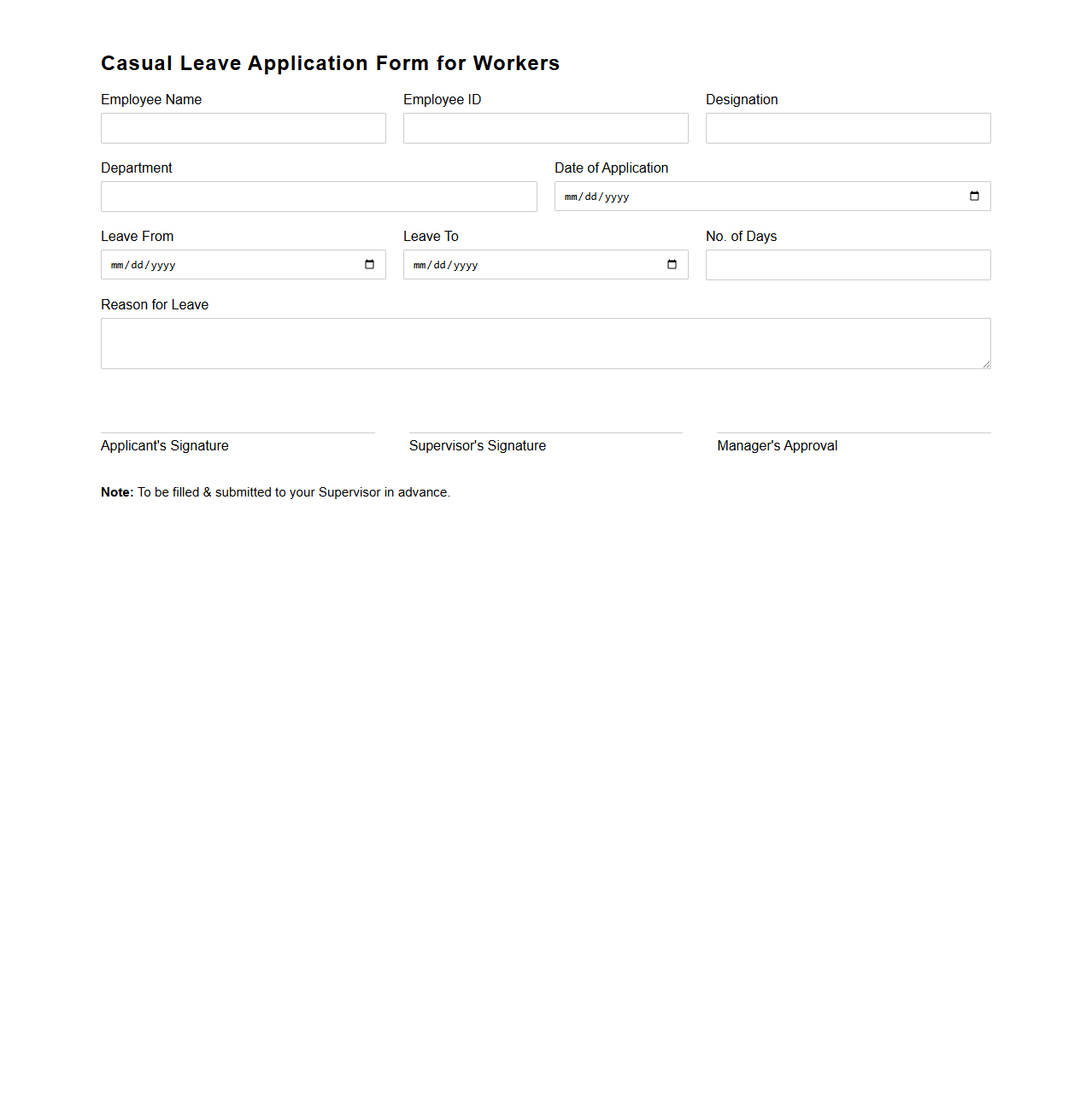 Casual Leave Application Form for Workers