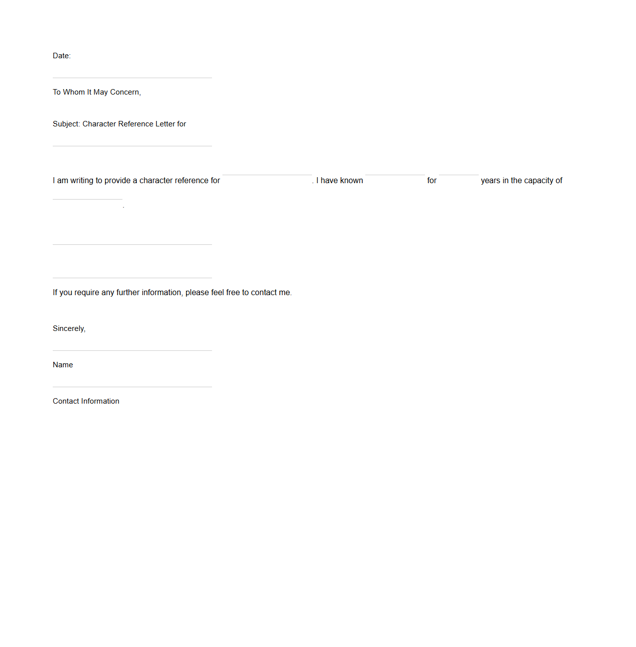 Character Reference Letter Blank Document