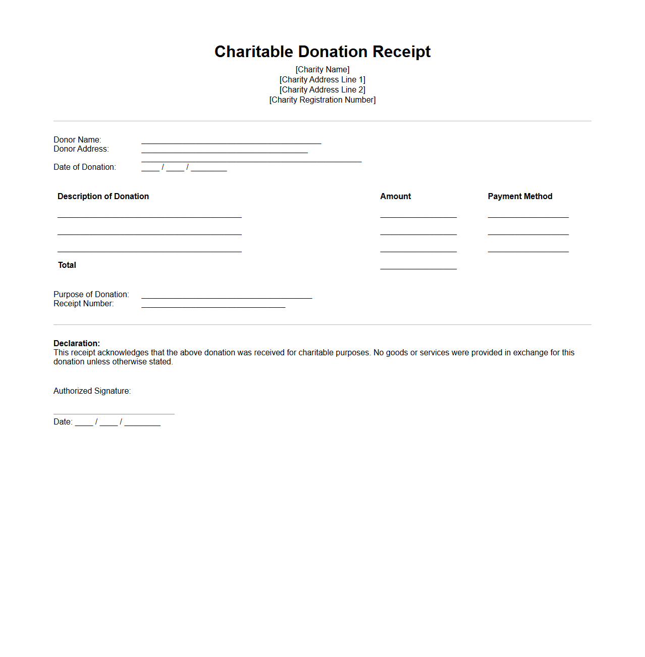 Charitable Donation Receipt Template
