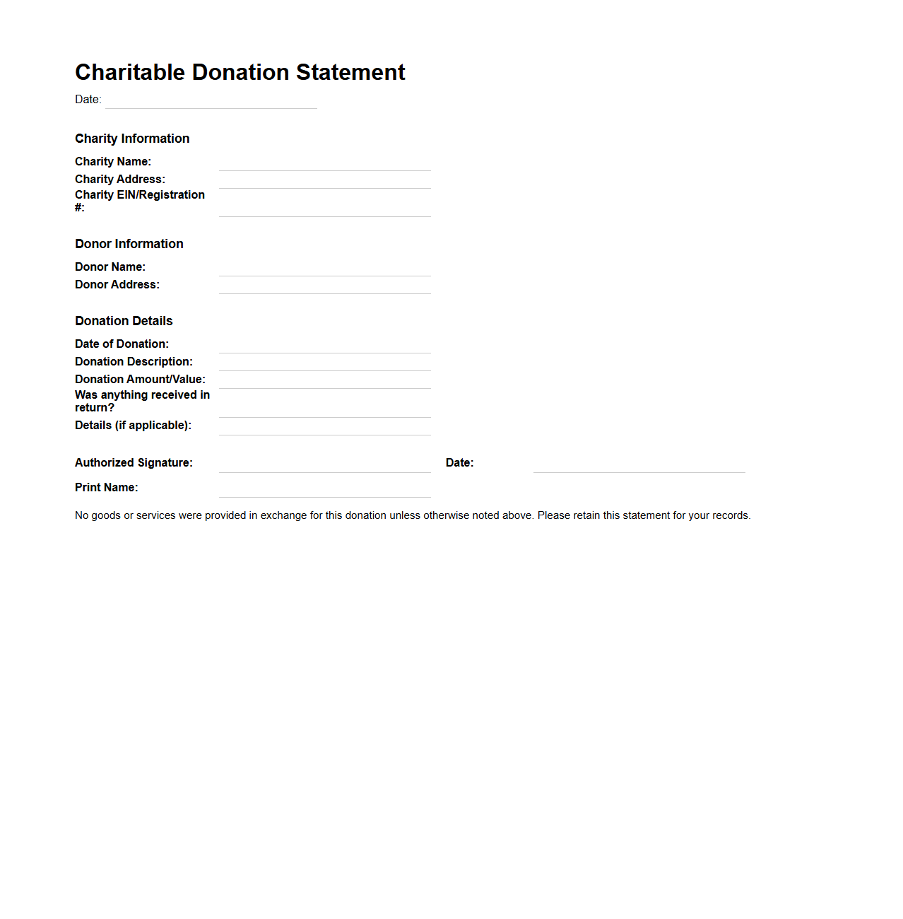 Charitable Donation Statement Template