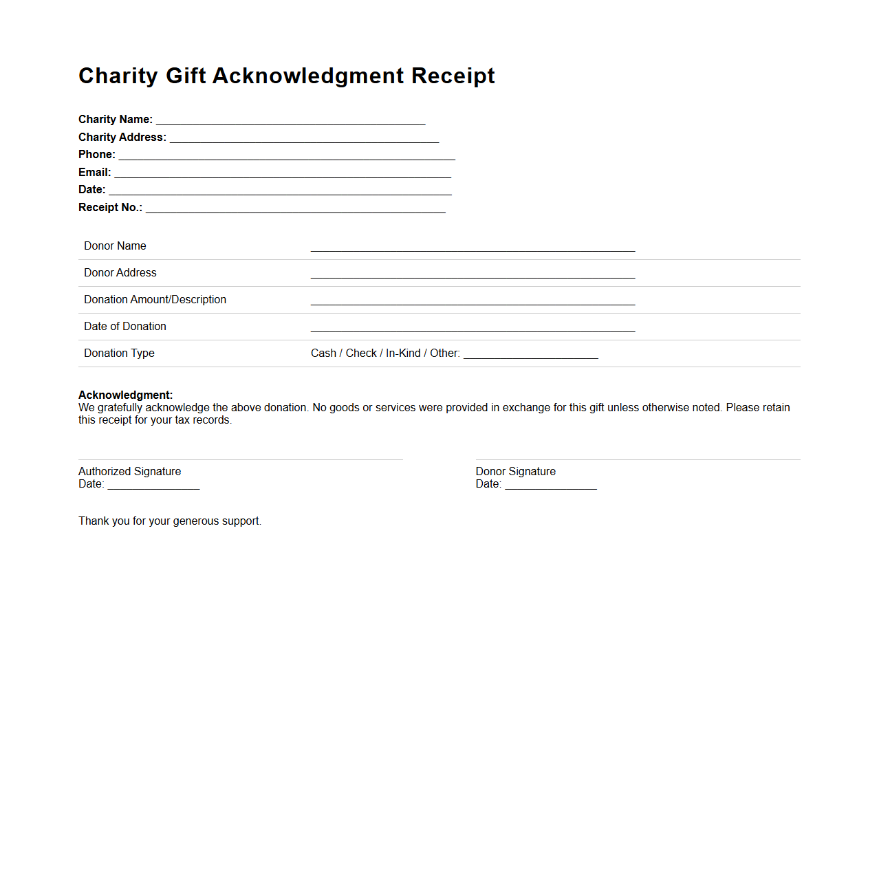 Charity Gift Acknowledgment Receipt Format