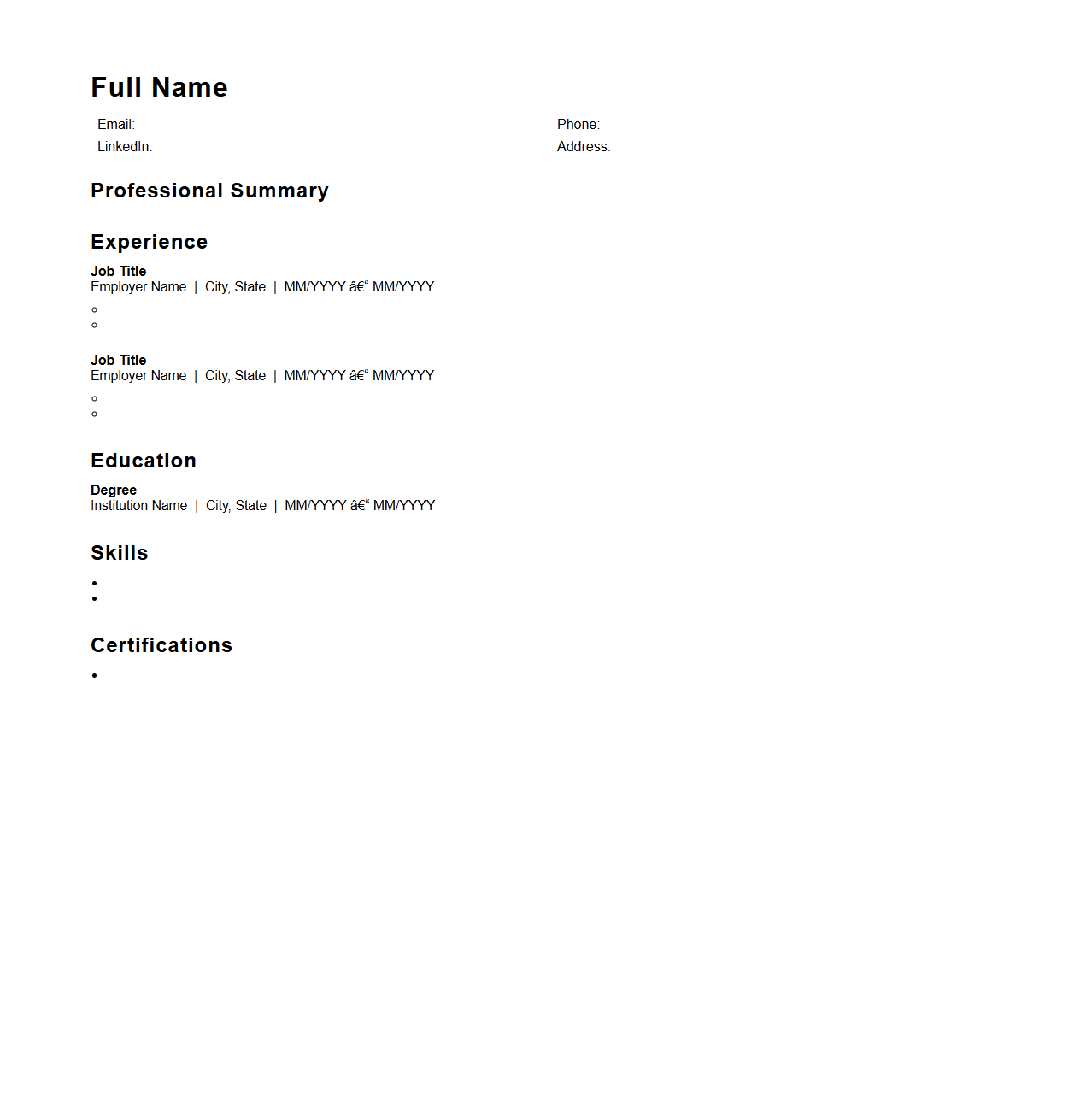 Chronological Resume Framework for Career Applications