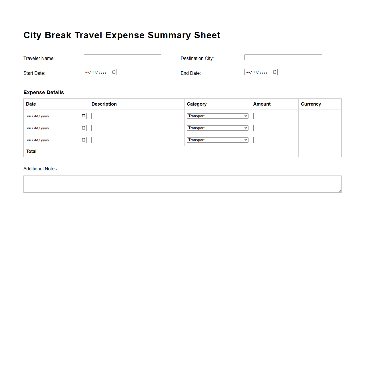 City Break Travel Expense Summary Sheet