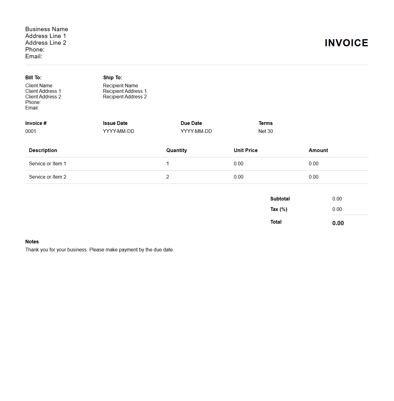 Clean Invoice Outline for Small Businesses