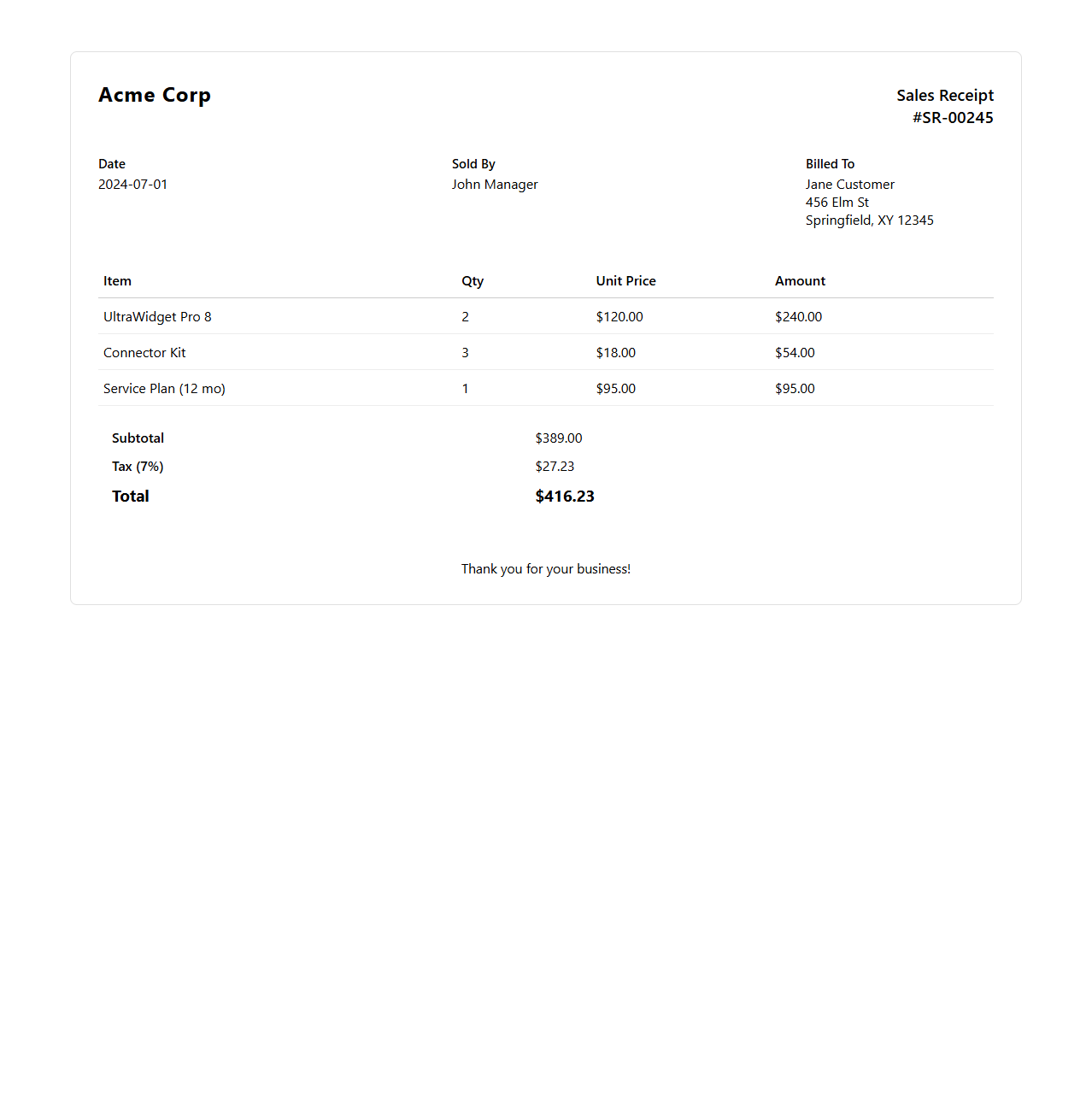 Clean Sales Deal Receipt Design