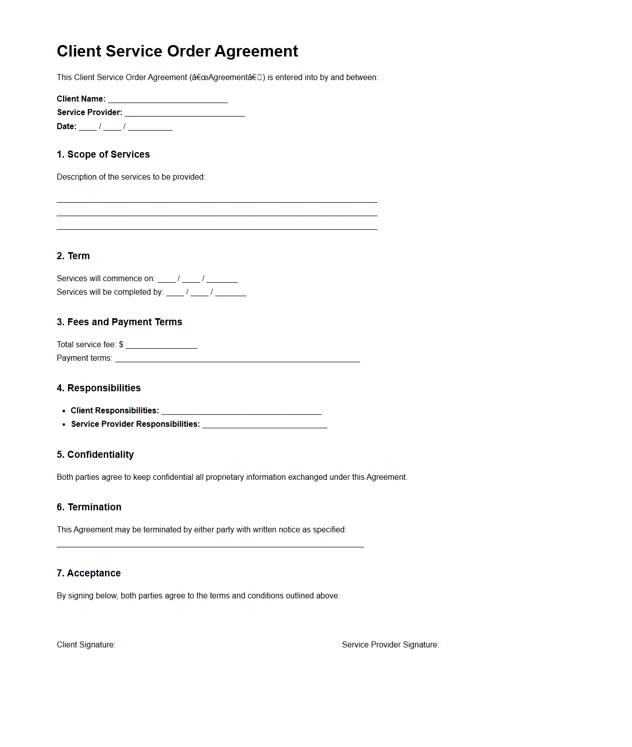 Client Service Order Agreement Template