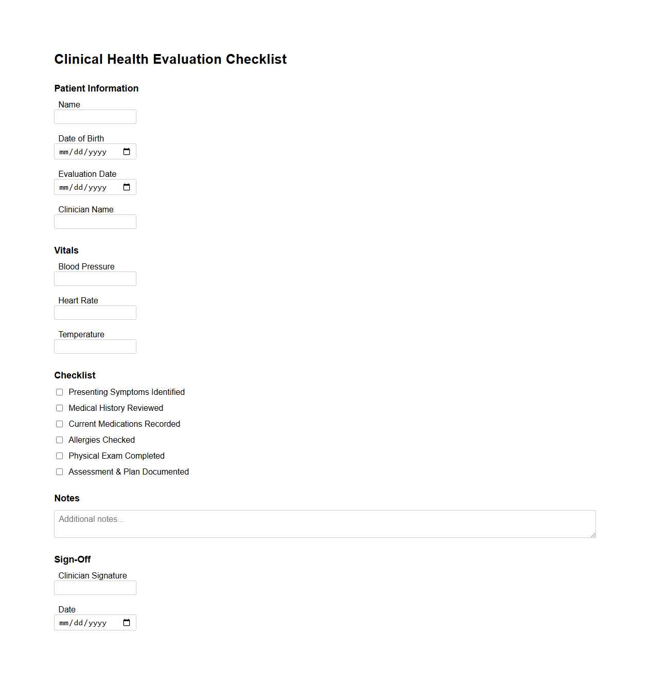 Clinical Health Evaluation Checklist Template