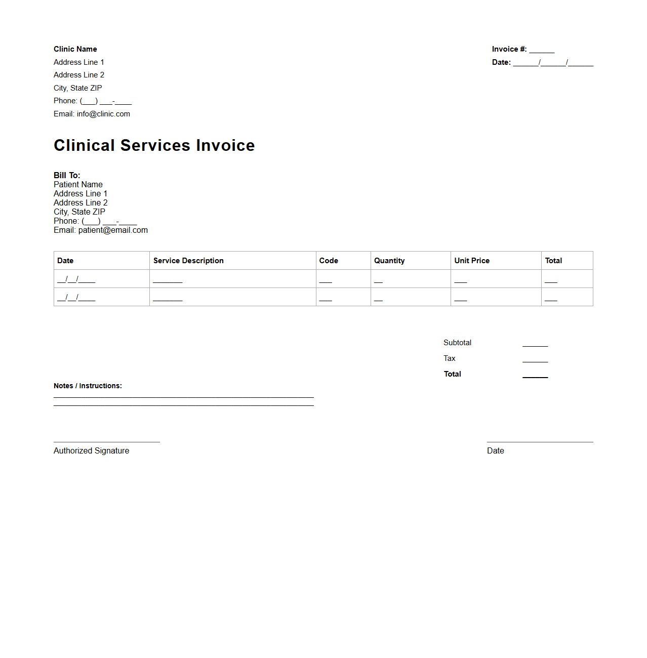 Clinical Services Invoice Template
