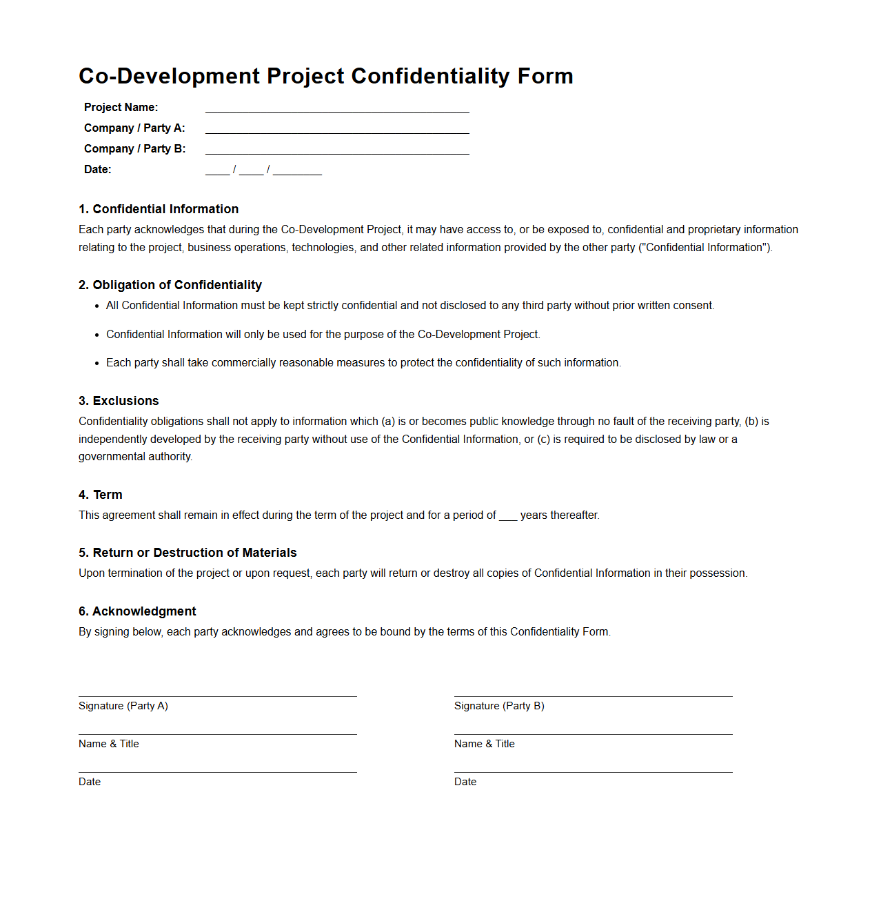 Co-Development Project Confidentiality Form
