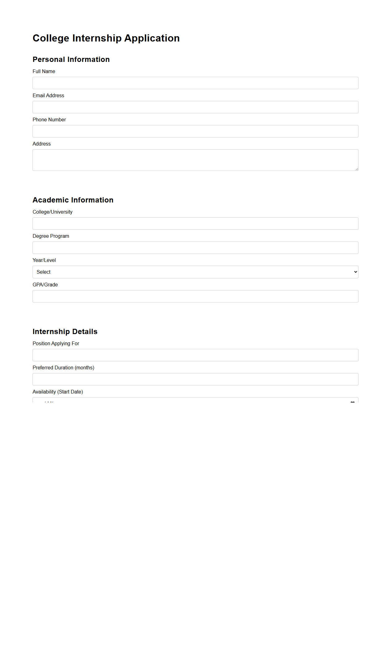 College Internship Application Template for Students