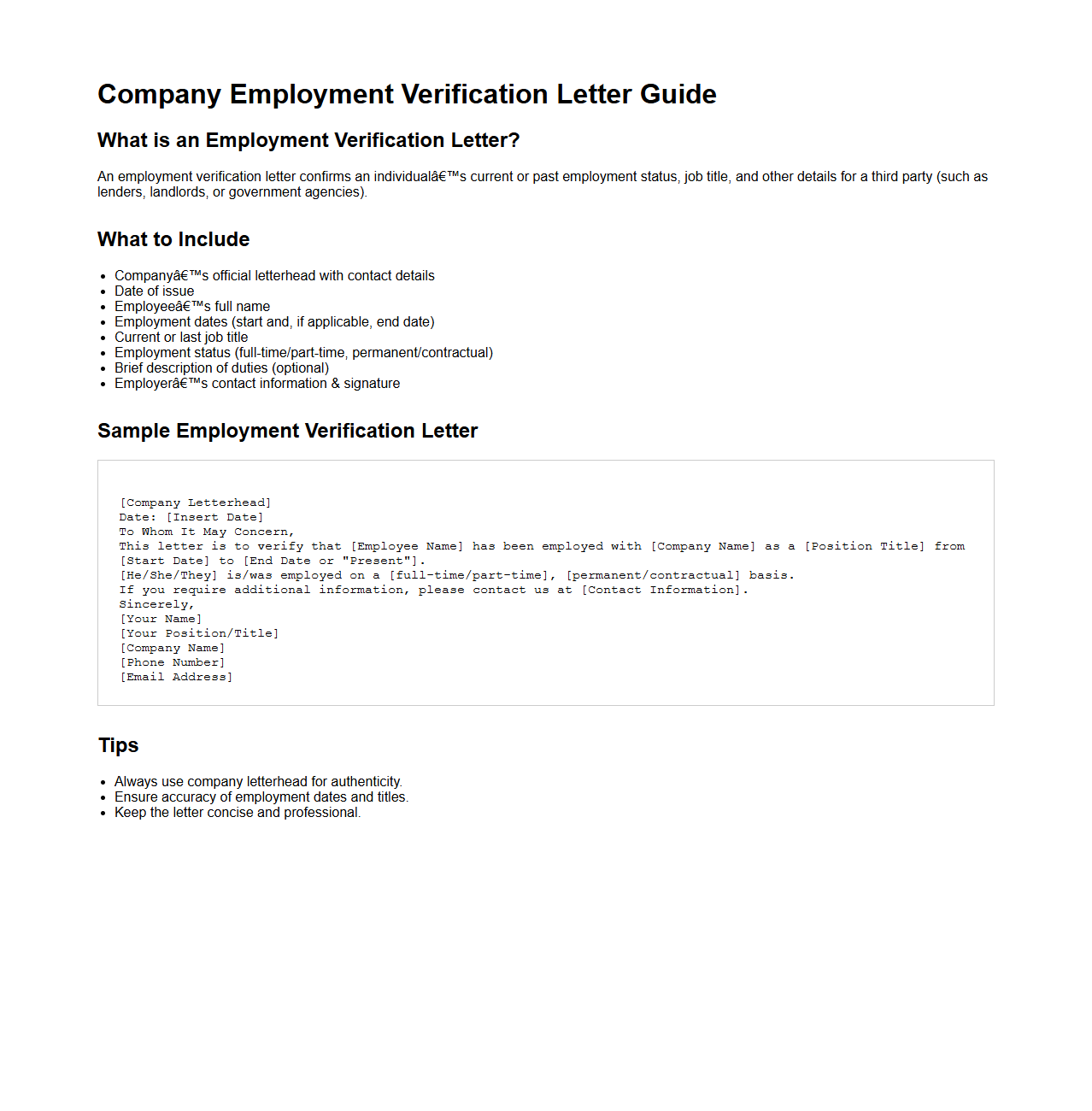 Company Employment Verification Letter Guide