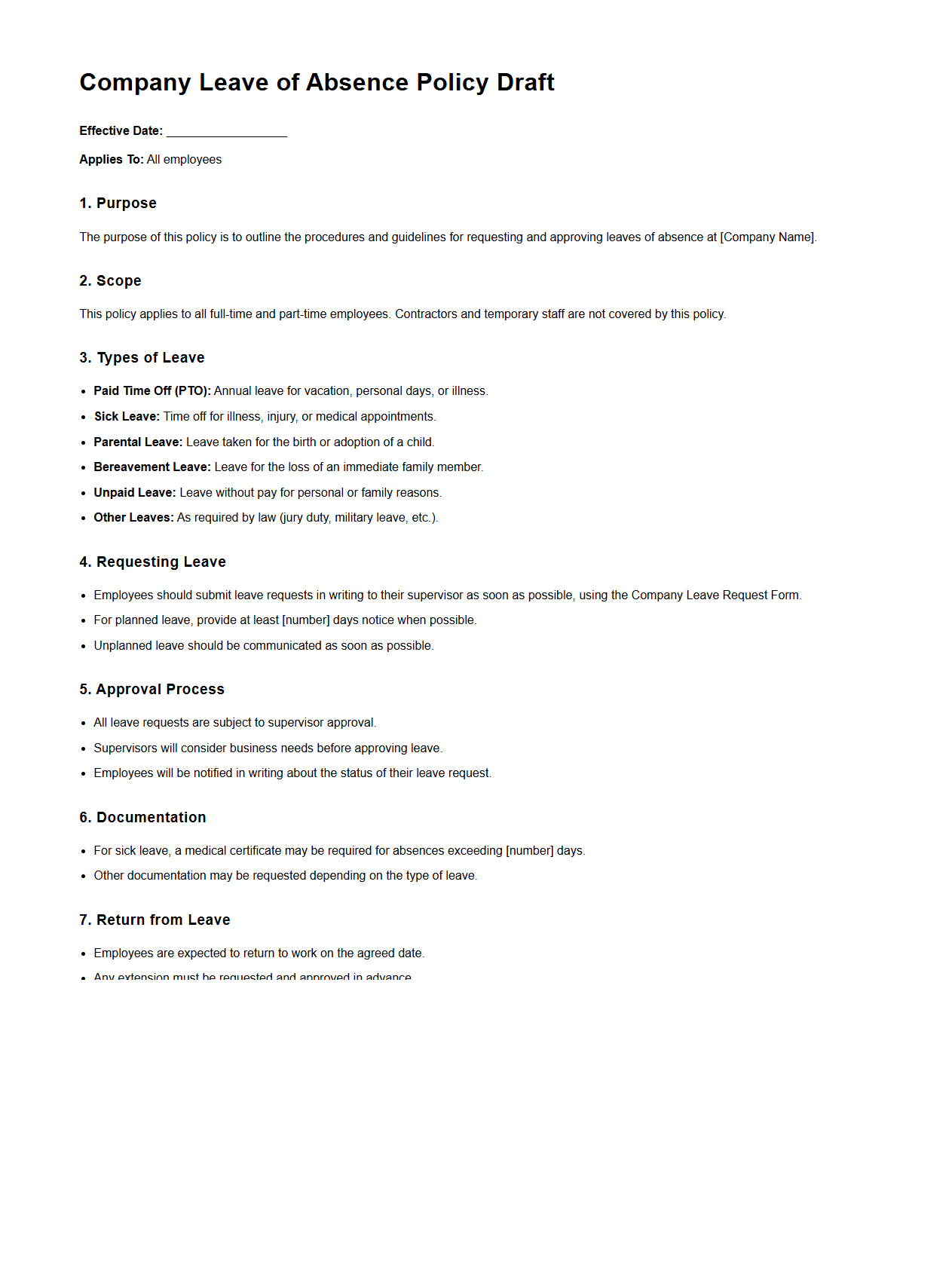 Company Leave of Absence Policy Draft