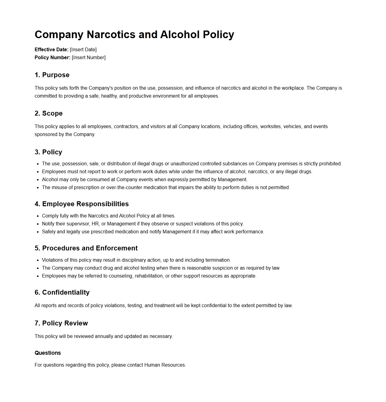 Company Narcotics and Alcohol Policy Model