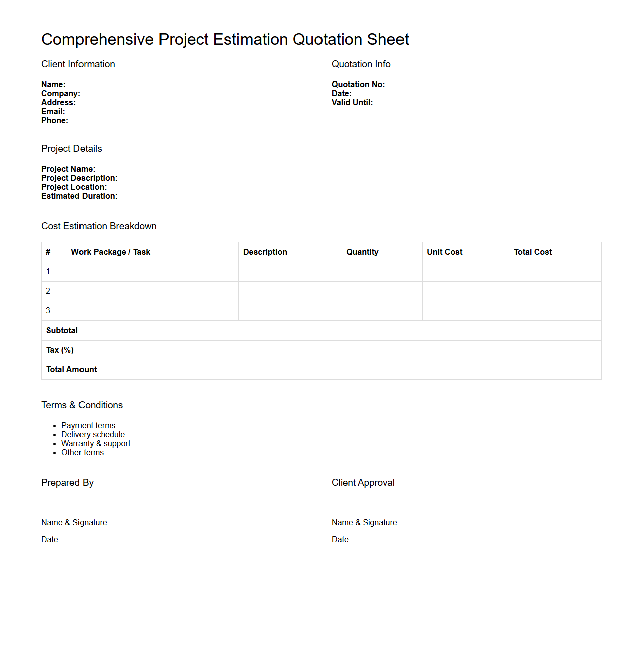 Comprehensive Project Estimation Quotation Sheet