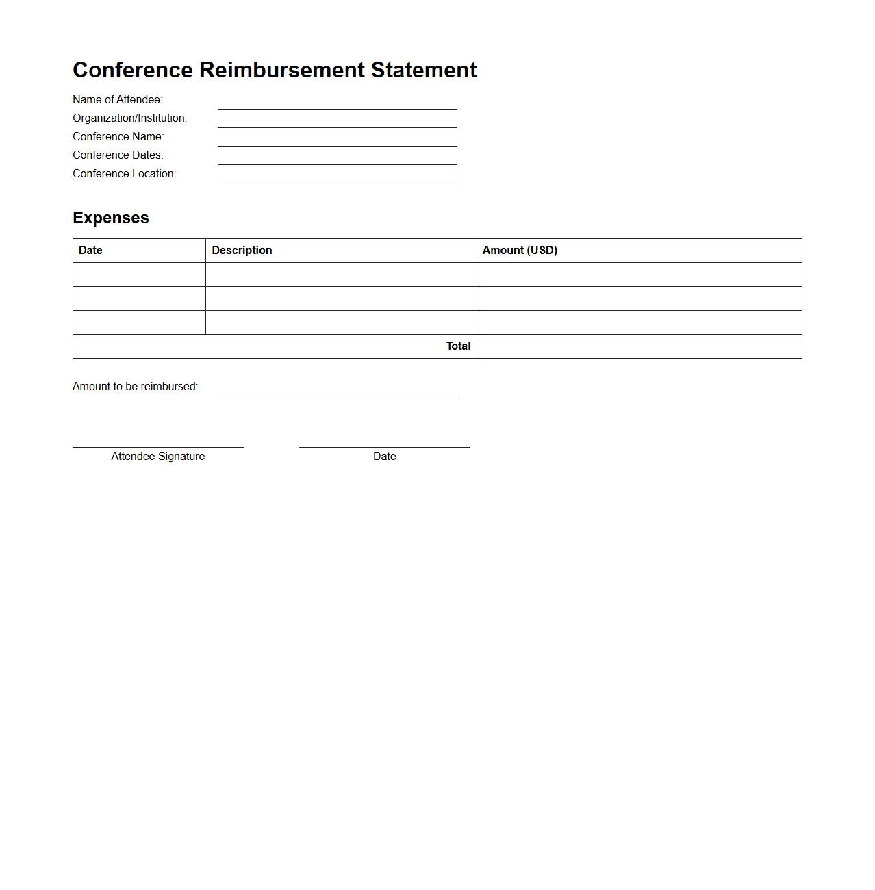 Conference Reimbursement Statement Template for Attendees